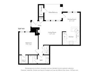 A floor plan of a house with a living room, dining room, kitchen, and bathroom.