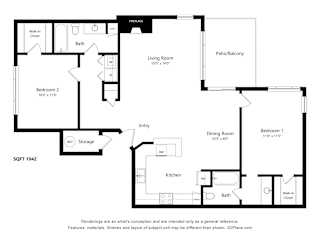 A floor plan of a home layout with a living room, dining room, kitchen, and two bedrooms.