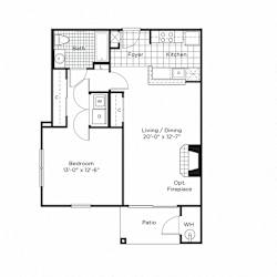 A floor plan of a small apartment with a living room, bedroom, and bathroom.