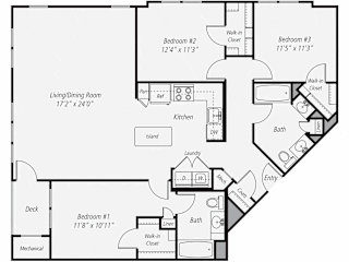 C1 - Three Bedroom Two Bathroom Floor Plan at The Confluence at Norwalk, Norwalk