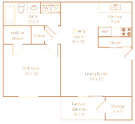 A floor plan of a house with a living room, dining room, kitchen, bedroom, bathroom, and storage space.