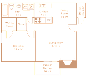 A floor plan of a house with a living room, dining room, kitchen, bathroom, bedroom, and walk-in closet.