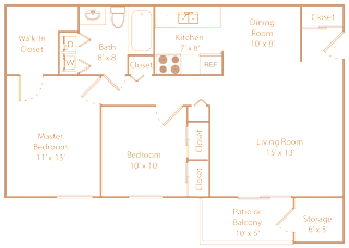 A floor plan of a house with a living room, two bedrooms, a kitchen, a dining room, and a storage area.