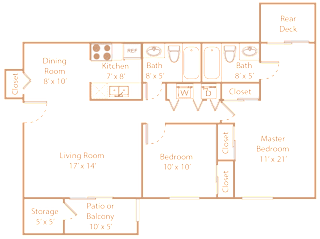 A floor plan of a house with a living room, dining room, kitchen, two bathrooms, two closets, a master bedroom, and a storage area.