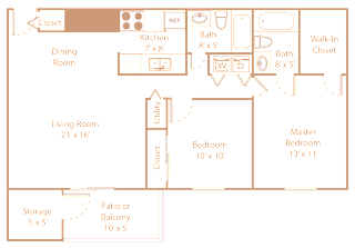 A floor plan of a house with a living room, two bedrooms, a kitchen, a bathroom, a walk-in closet, a storage area, and a patio or balcony.