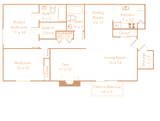 A floor plan of a house with a master bedroom, two additional bedrooms, a living room, a dining room, a kitchen, a walk-in closet, and a patio or balcony.