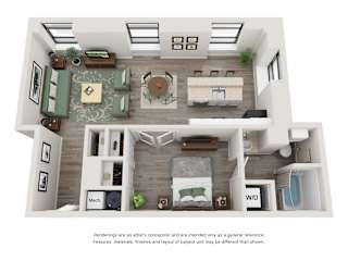 A 3D rendered image of a modern, minimalist interior design of a house.