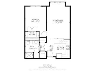 A floor plan for a small apartment with a bedroom, living room, kitchen, and bath.
