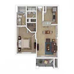 A floor plan of a two-bedroom apartment with a living room, kitchen, and bathroom.