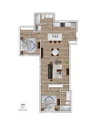 A floor plan of a house with a living room, dining room, kitchen, and two bedrooms.
