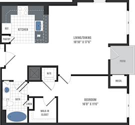 A floor plan of a living space with a kitchen, bathroom, and bedroom.