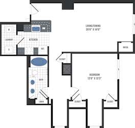 A floor plan of a small apartment with a living room, kitchen, bathroom, and two bedrooms.
