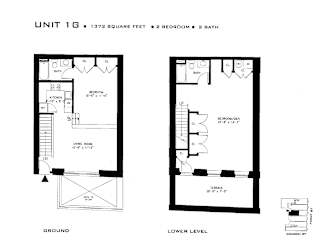 A floor plan for a unit with a ground level and lower level, featuring two bedrooms and two bathrooms.