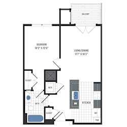 A floor plan of a small apartment with a bedroom, bathroom, kitchen, and living room.