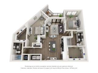 A 3D floor plan of a house with a kitchen, living room, and bedrooms.