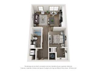 A 3D floor plan of a small apartment with a living room, kitchen, and bathroom.