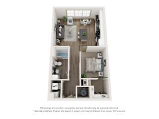 A 3D floor plan of a small apartment with a kitchen, living room, and bathroom.