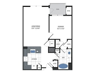 A floor plan of an apartment with a living/dining area, kitchen, bedroom, and two closets.