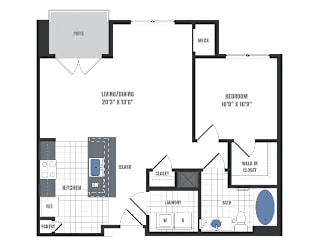 A floor plan of a home with a living area, kitchen, bathroom, and bedroom.