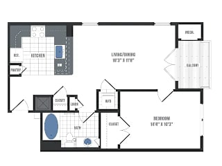 A floor plan of a home with a living room, dining room, kitchen, pantry, bathroom, and bedroom.