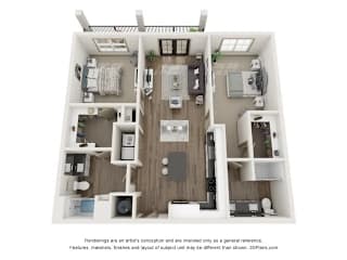 A 3D floor plan of a small apartment with a kitchen, living room, and two bedrooms.