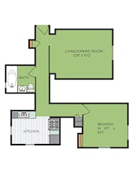 A floor plan of a living/dining room, kitchen, and bedroom.