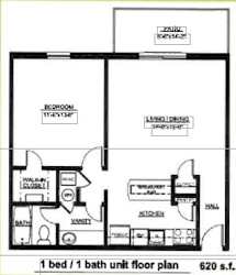 A floor plan of a 1 bedroom/1 bathroom unit sized at 620 square feet.