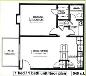 A floor plan of a 540 square feet bedroom with a bath.