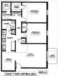 A 2 bedroom 1 bathroom unit floor plan.