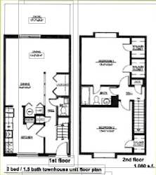 A floor plan of a two bedroom, 1.5 bath townhouse.