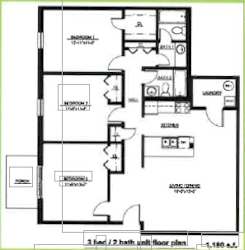 A black and white image of a 3 bedroom/2 bath unit floor plan.