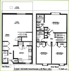 A black and white image of a 3 bedroom/2.5 bath townhouse unit floor plan.