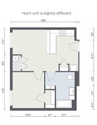 a 1 bedroom floorplan with a bedroom and a living room