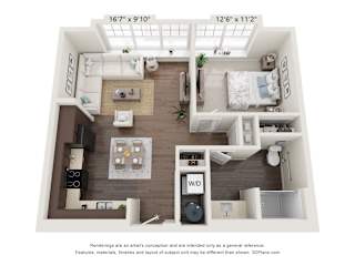 a 1 bedroom floor plan with a bathroom and a living room