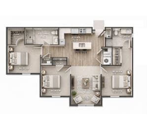 A floor plan of a house with three bedrooms and a living area.