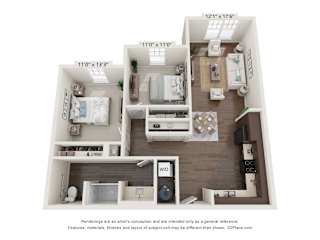 a stylized floor plan of a 1 bedroom with a bathroom