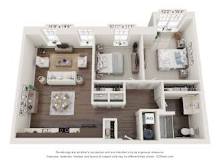 a 1 bedroom floorplan with a bathroom and a living room