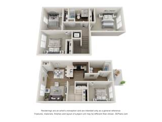 A 3D floor plan of a house with two bedrooms, a living room, a kitchen, and a bathroom.