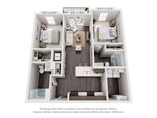 a 3d floor plan of a 2100 sq ft apartment