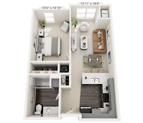 A 3D floor plan of a small apartment with two bedrooms and a living area.