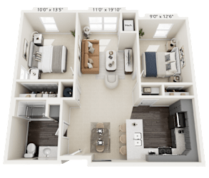 A 3D floor plan of a small apartment with two bedrooms, a living room, and a kitchen.