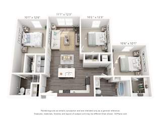a 3d floor plan of a home with a bedroom and a living room