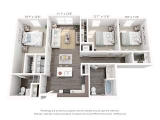 a 3d floor plan of a home with a bedroom and a living room