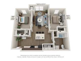 A 3D floor plan of a small apartment with a kitchen, living room, and bathroom.