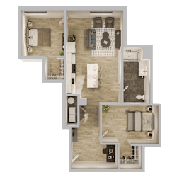 Two bedroom apartment 3D floor plan layout at Textile Lofts Apartments, Ohio, 45202