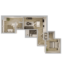 3D floor plan of two bedroom apartment at Textile Lofts Apartments, Cincinnati, OH