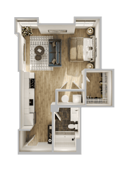 Studio apartment 3D floor plan layout at Textile Lofts Apartments, Cincinnati, Ohio
