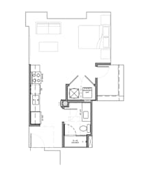 Studio apartment floor plan with efficient layout at Textile Lofts Apartments, Cincinnati