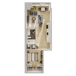 One bedroom apartment 3D floor plan overview at Textile Lofts Apartments, Ohio
