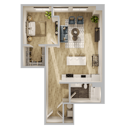 One bedroom floor plan with living and dining areas at Textile Lofts Apartments, Cincinnati, OH 45202